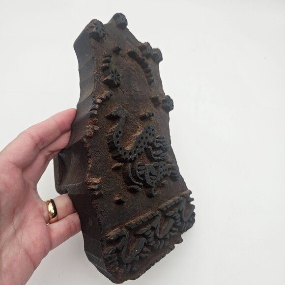 Antique Hand Carved Wood Textile Dragon Mythological Pattern Fabric Stamp Block - Picture 2 of 12